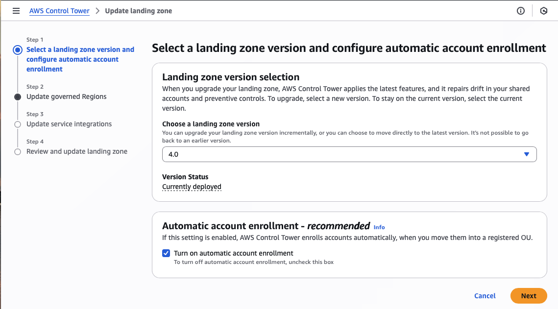 landing zone version selection